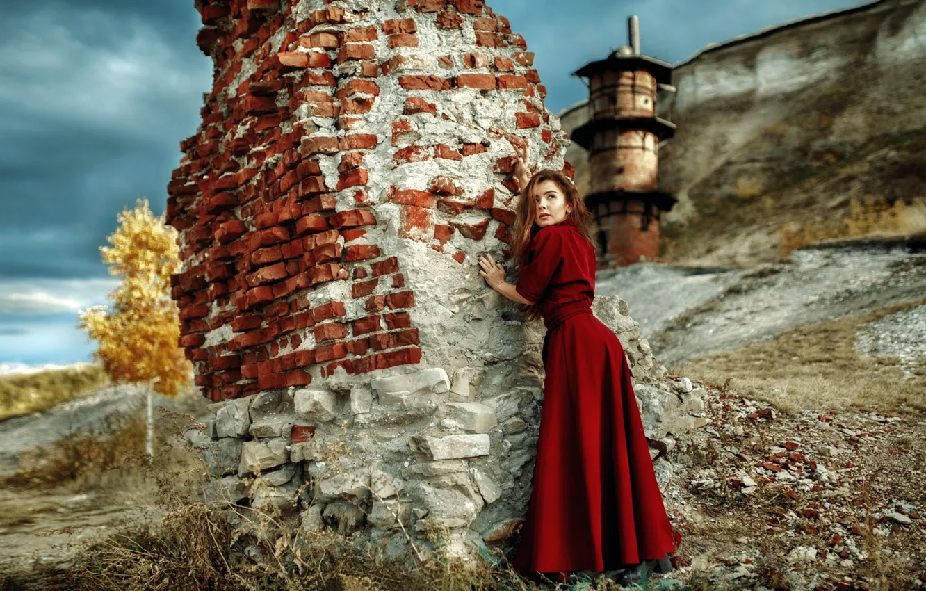 Photo wallpaper look, landscape, pose, model, makeup, dress, hairstyle, the ruins