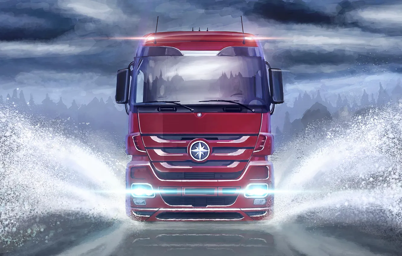 Photo wallpaper road, light, nature, lights, art, van, bad weather, car