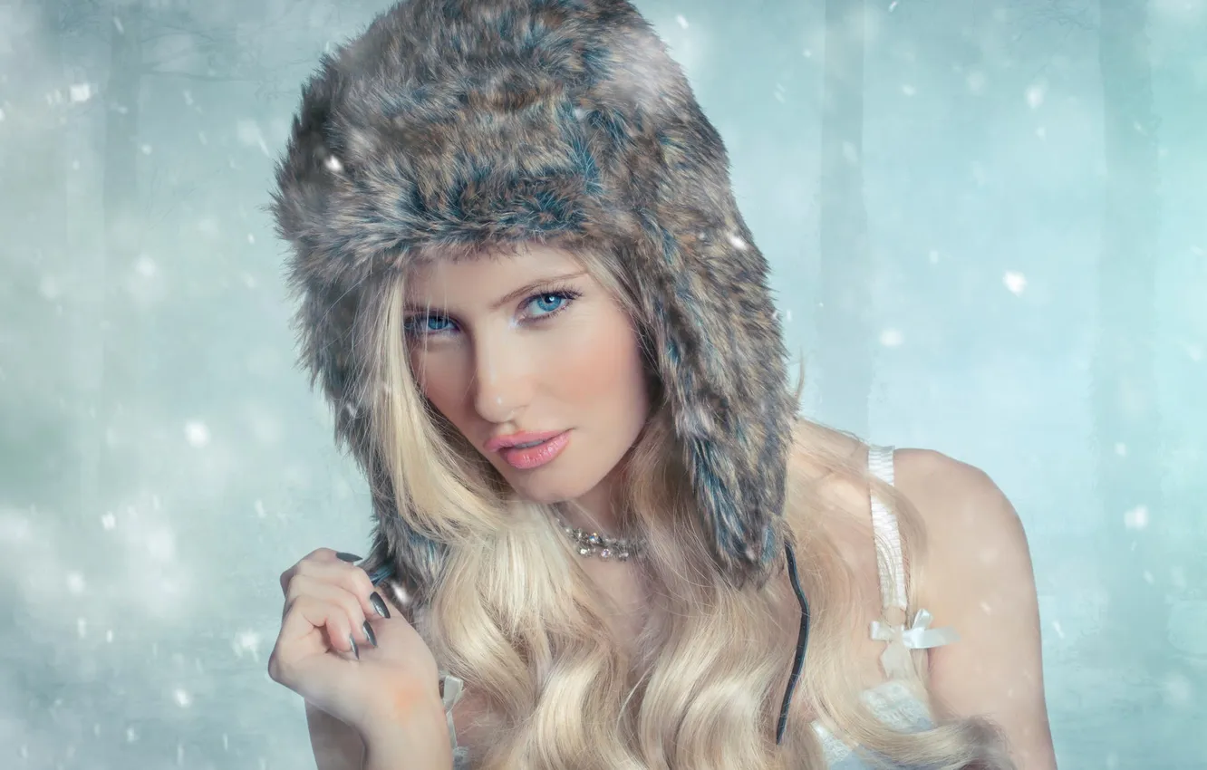 Photo wallpaper look, snow, hat, art, blue-eyed