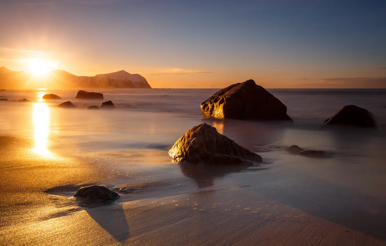 Photo wallpaper sea, sunset, stones