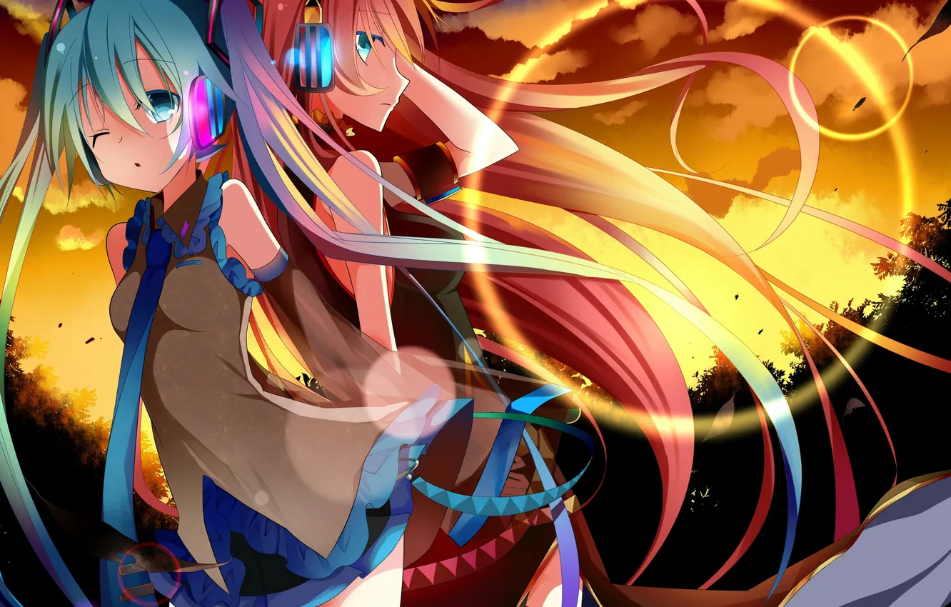 Photo wallpaper the sky, girl, the sun, clouds, trees, sunset, nature, anime