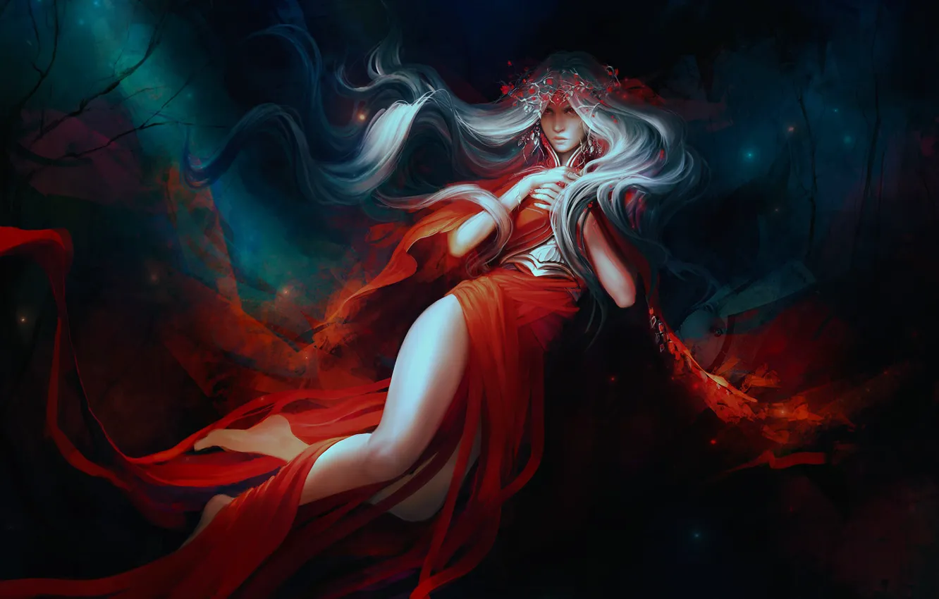 Photo wallpaper girl, fantasy, red dress, by exellero