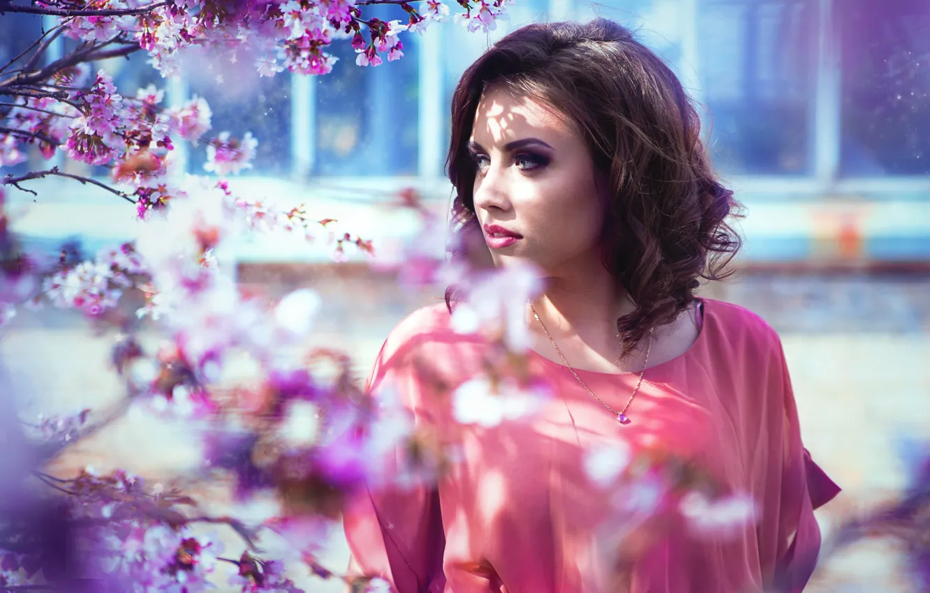 Photo wallpaper girl, tenderness, spring, brunette, pastel, girl, pink, beauty