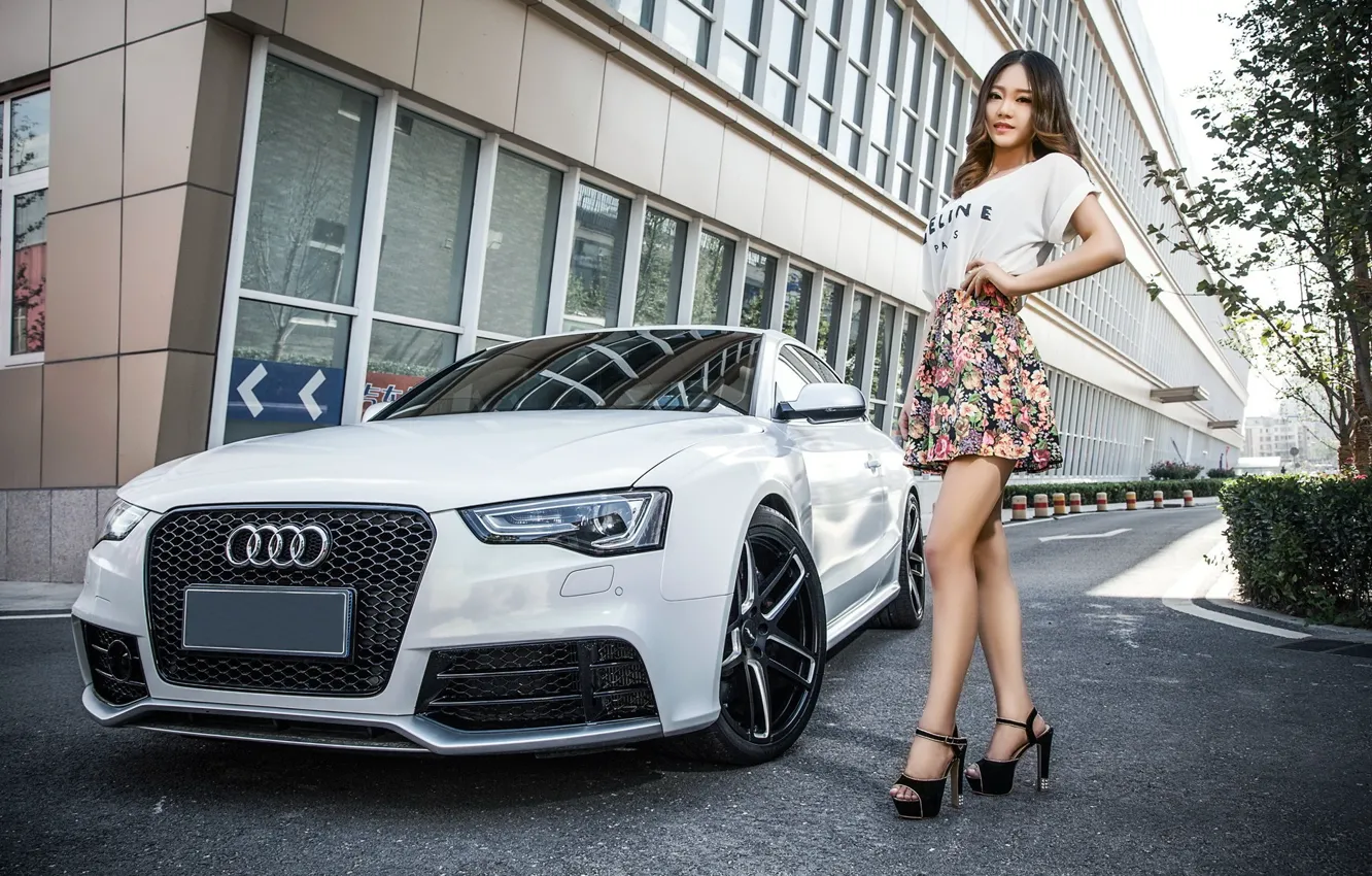 Photo wallpaper look, Audi, Girls, Asian, beautiful girl, white car