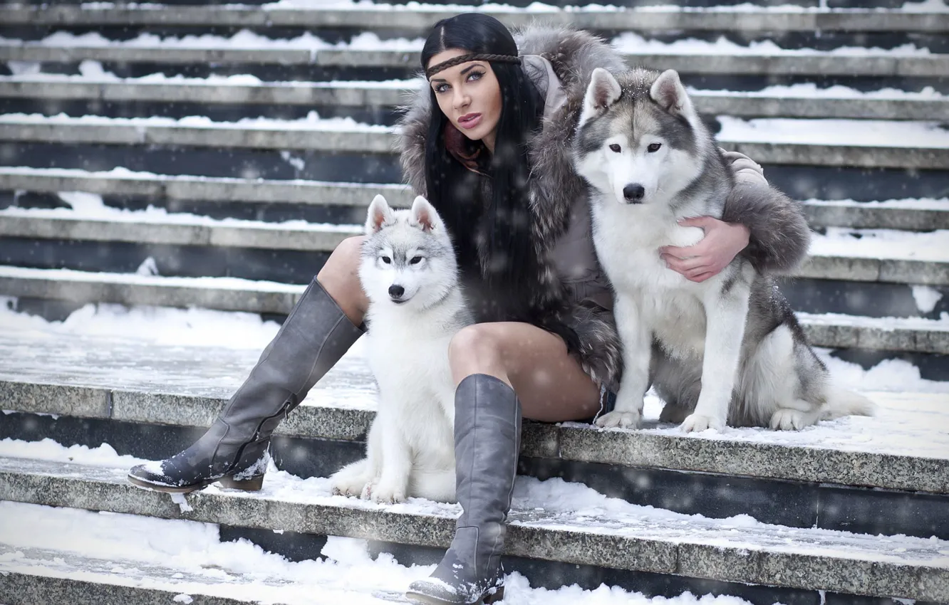 Photo wallpaper beauty, lady, dogs, brunette, boots, stairs