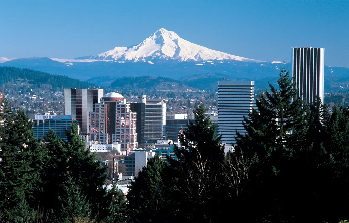 Photo wallpaper mountains, the city, skyline, Portland, Portland, Mt. Hood, worse