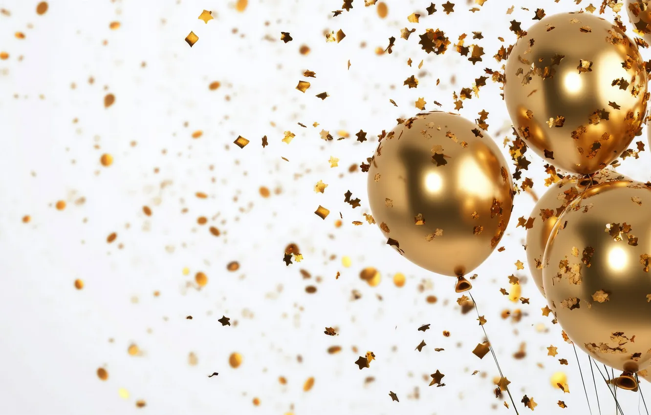 Photo wallpaper balloons, birthday, holiday, white background, gold, confetti, AI art, universal holiday background