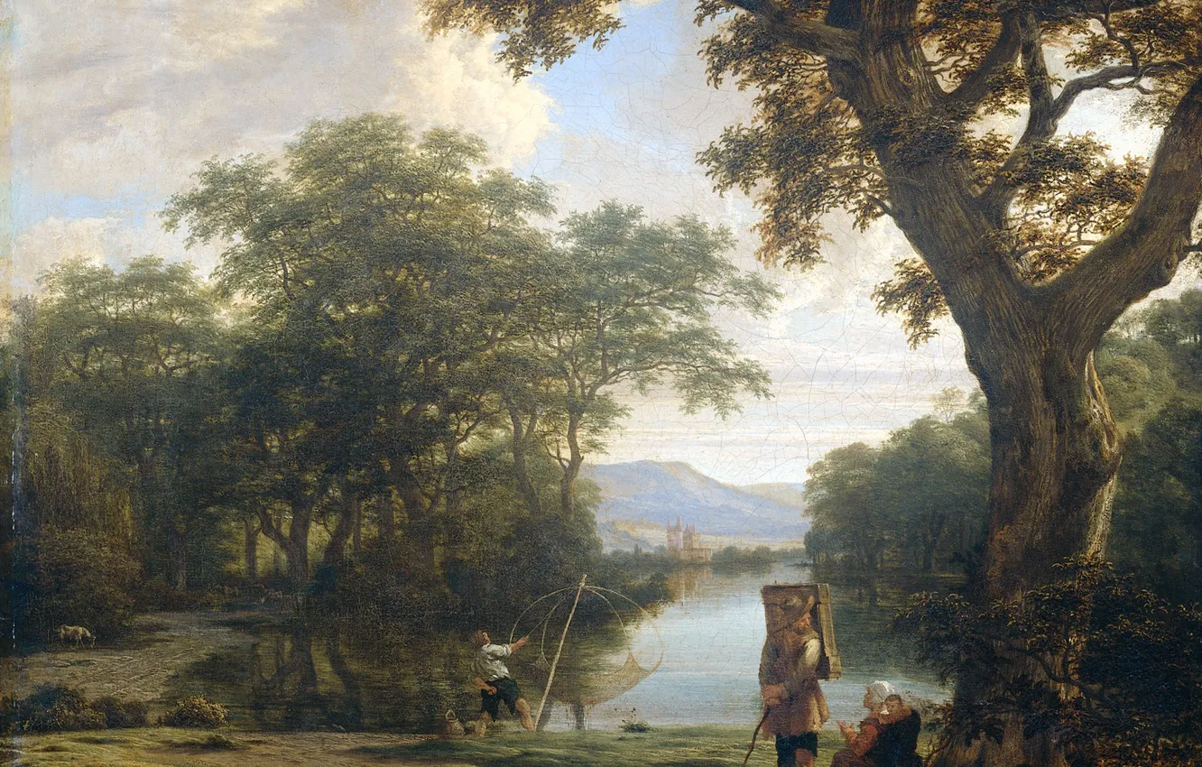 Photo wallpaper oil, picture, canvas, Joris van der Hagen, 1669, Joris van der Haagen, Landscape with Fisherman …