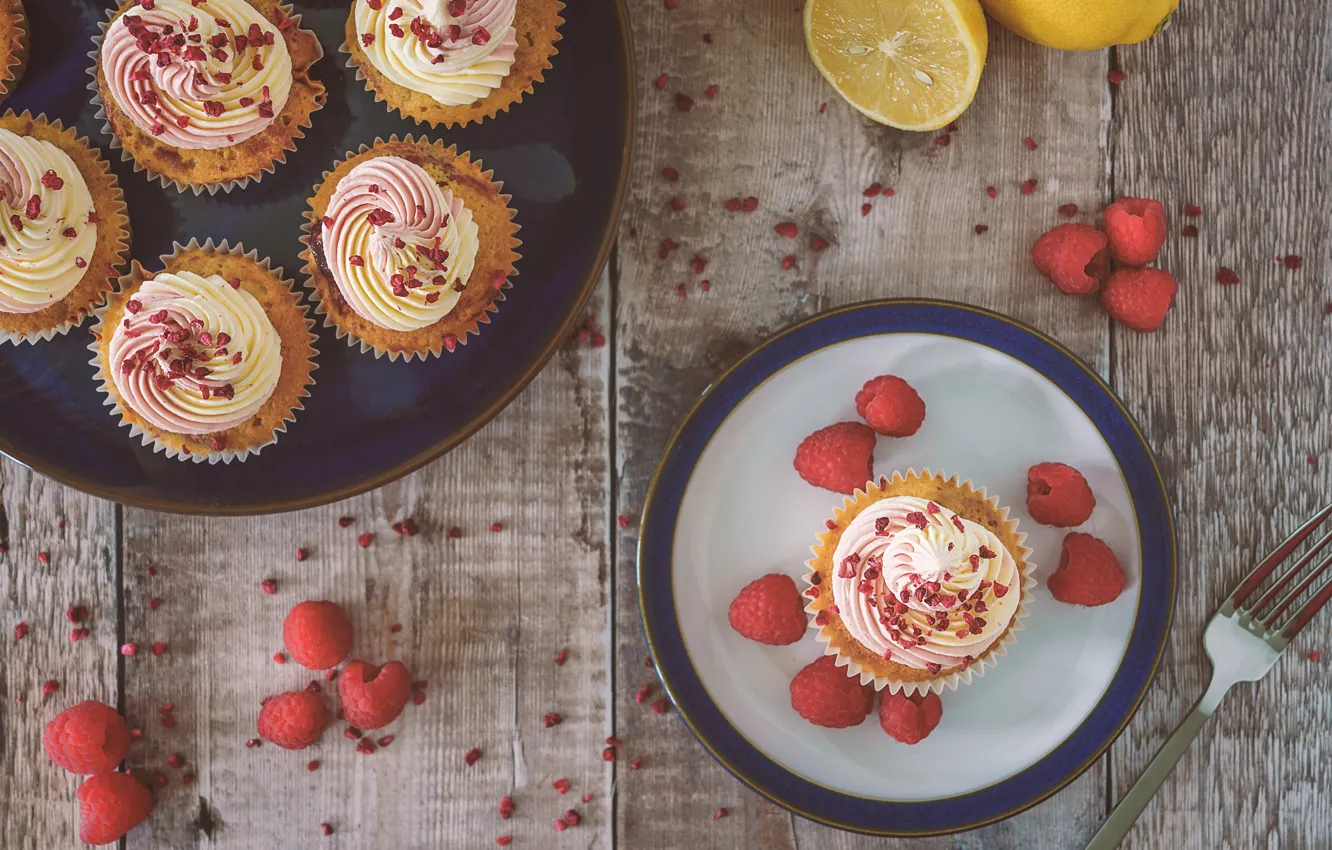 Photo wallpaper berries, raspberry, lemon, plate, plug, cream, dish, cupcakes
