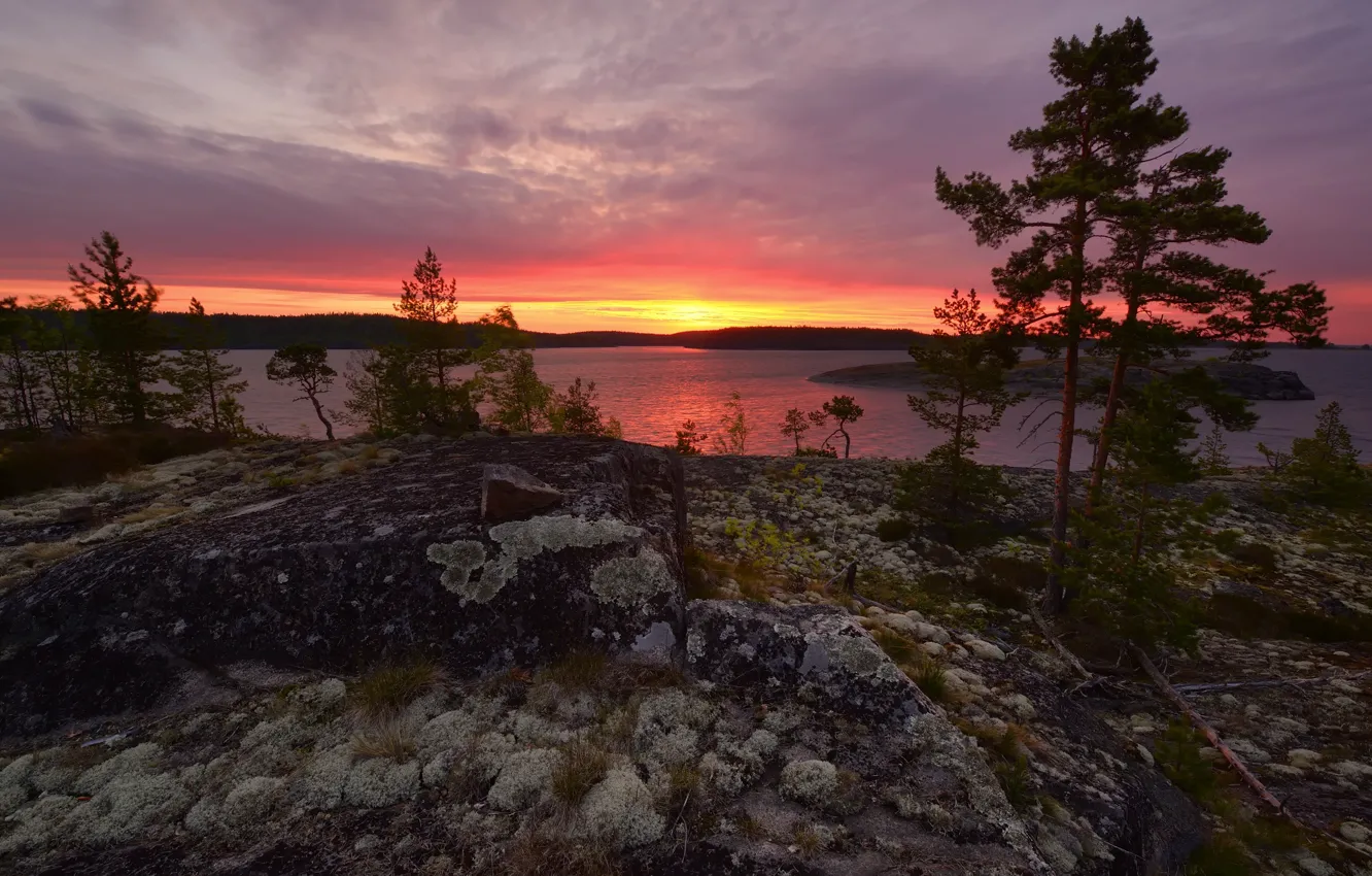 Photo wallpaper dawn, Lake Ladoga, Karelia