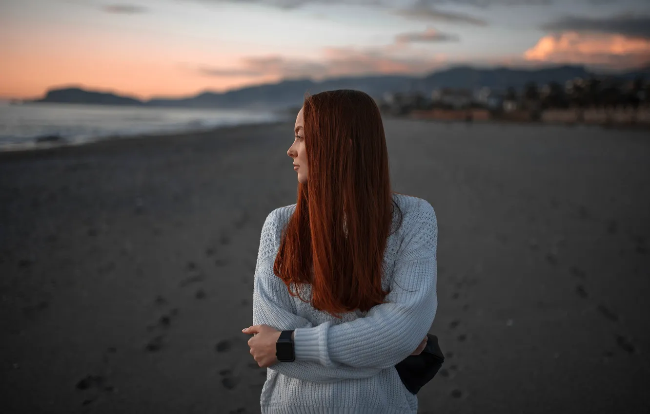 Photo wallpaper sand, sea, beach, girl, landscape, sunset, pose, model