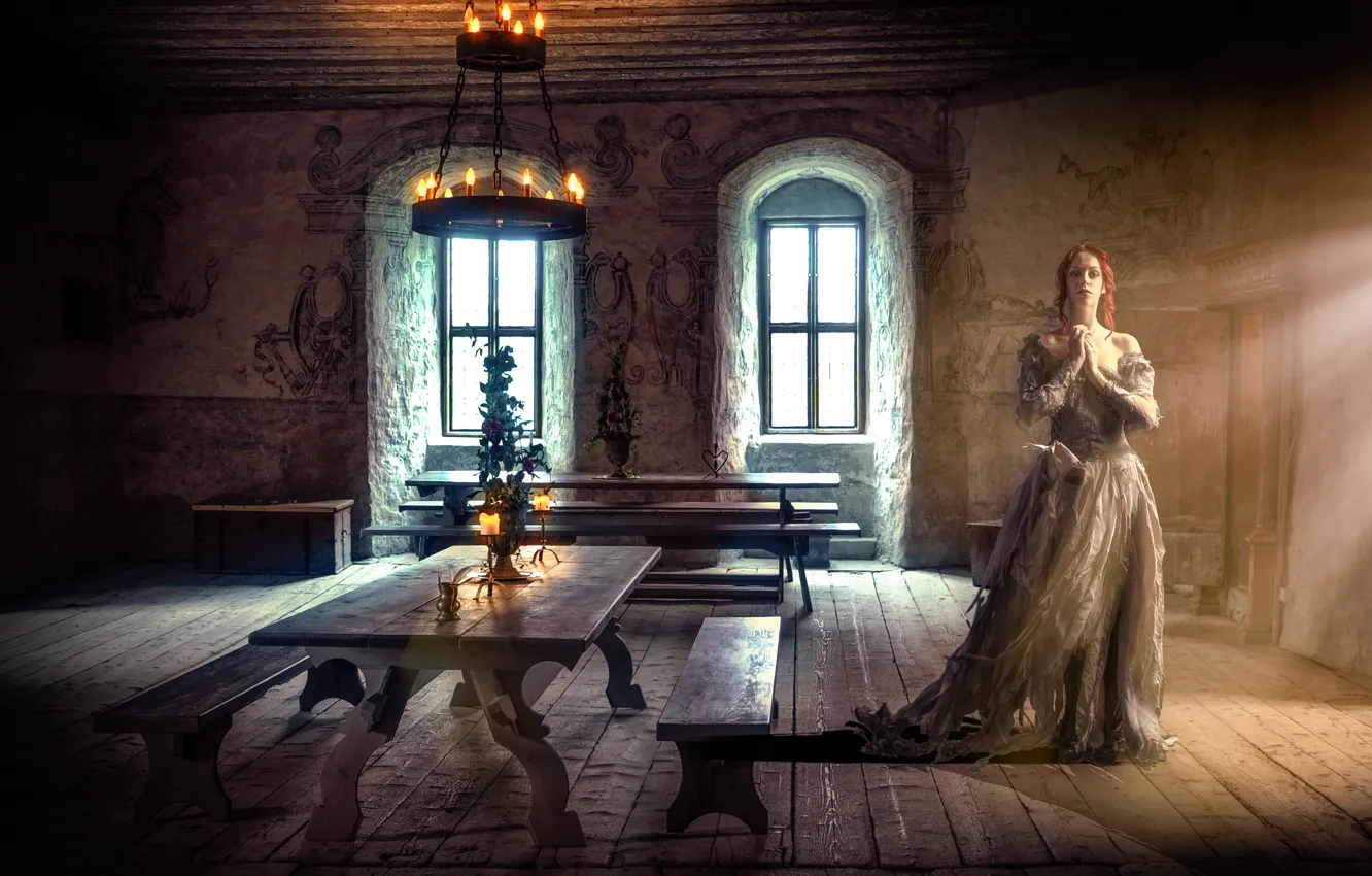 Photo wallpaper girl, candles, the middle ages, Middle Ages, room.hall