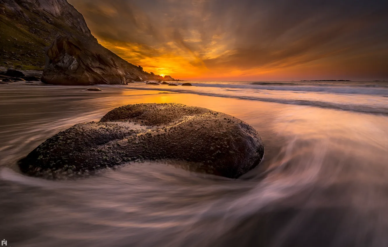 Photo wallpaper sand, sea, beach, sunset, nature, stones, the ocean, coast