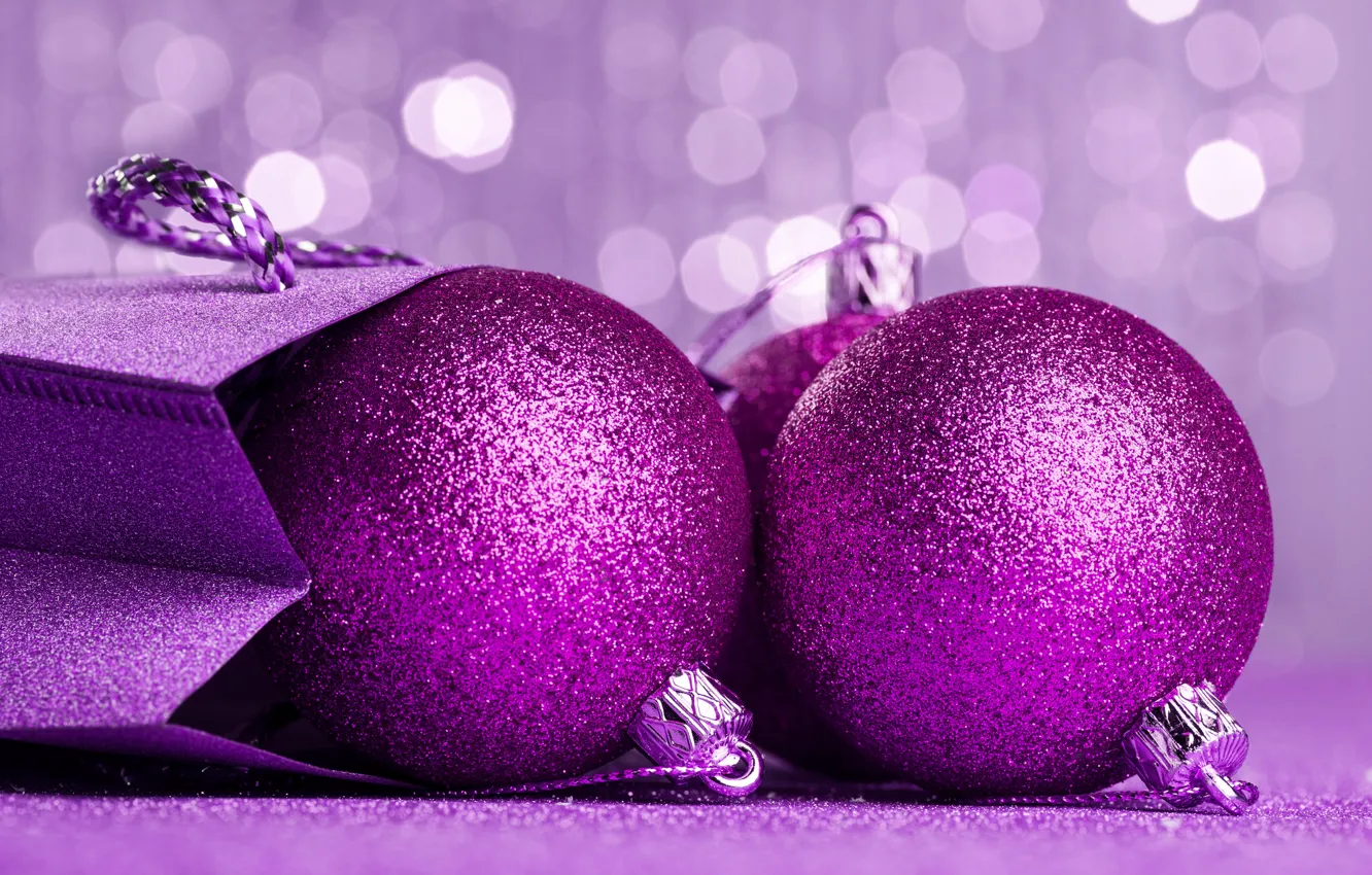 Photo wallpaper close-up, glare, background, holiday, balls, package, Christmas, purple