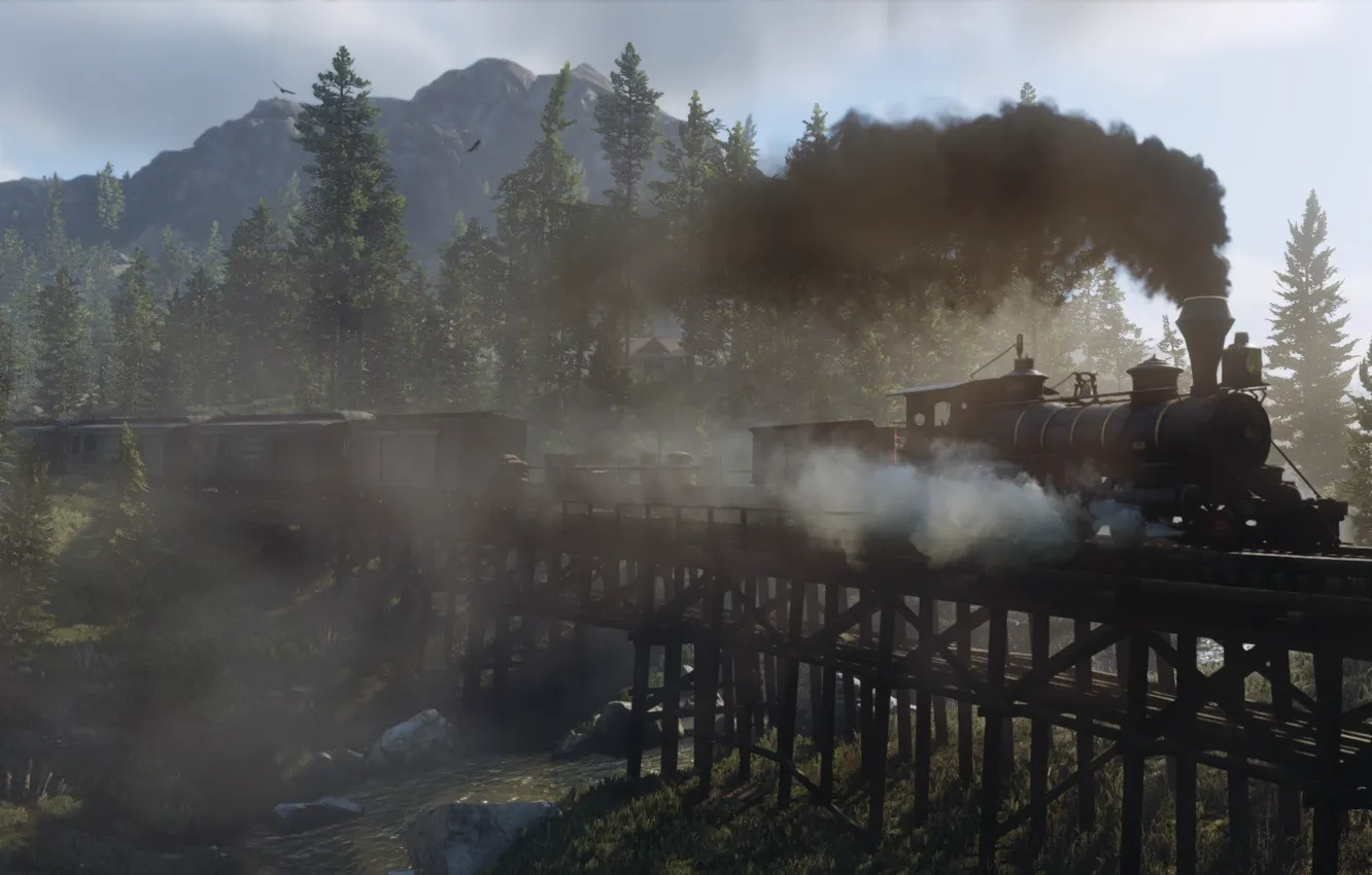 Photo wallpaper road, bridge, train, art, Red Dead Redemption 2