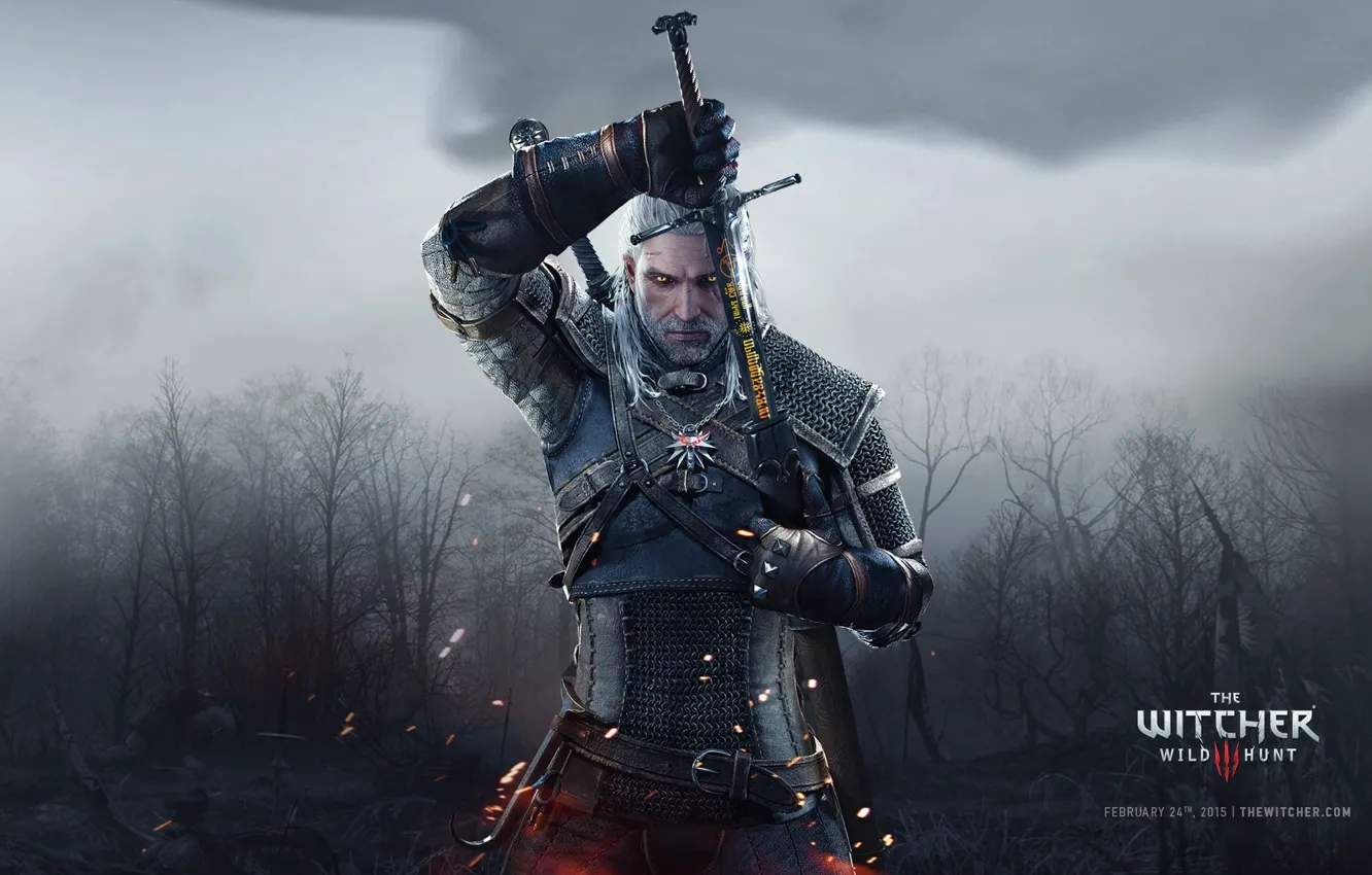 Photo wallpaper White, Forest, Sword, Corpses, Wolf, Runes, The Witcher, The Witcher