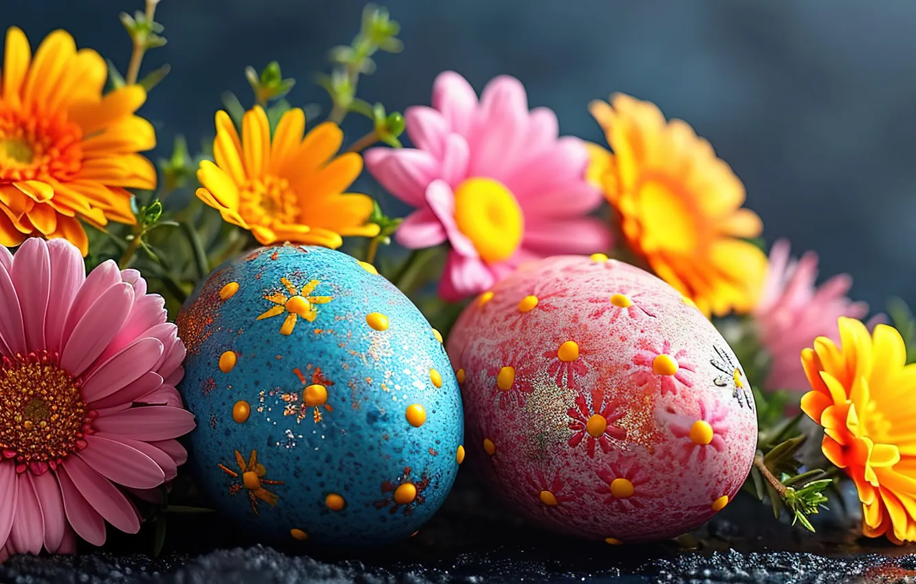 Photo wallpaper flowers, eggs, spring, colorful, Easter, flowers, spring, Easter