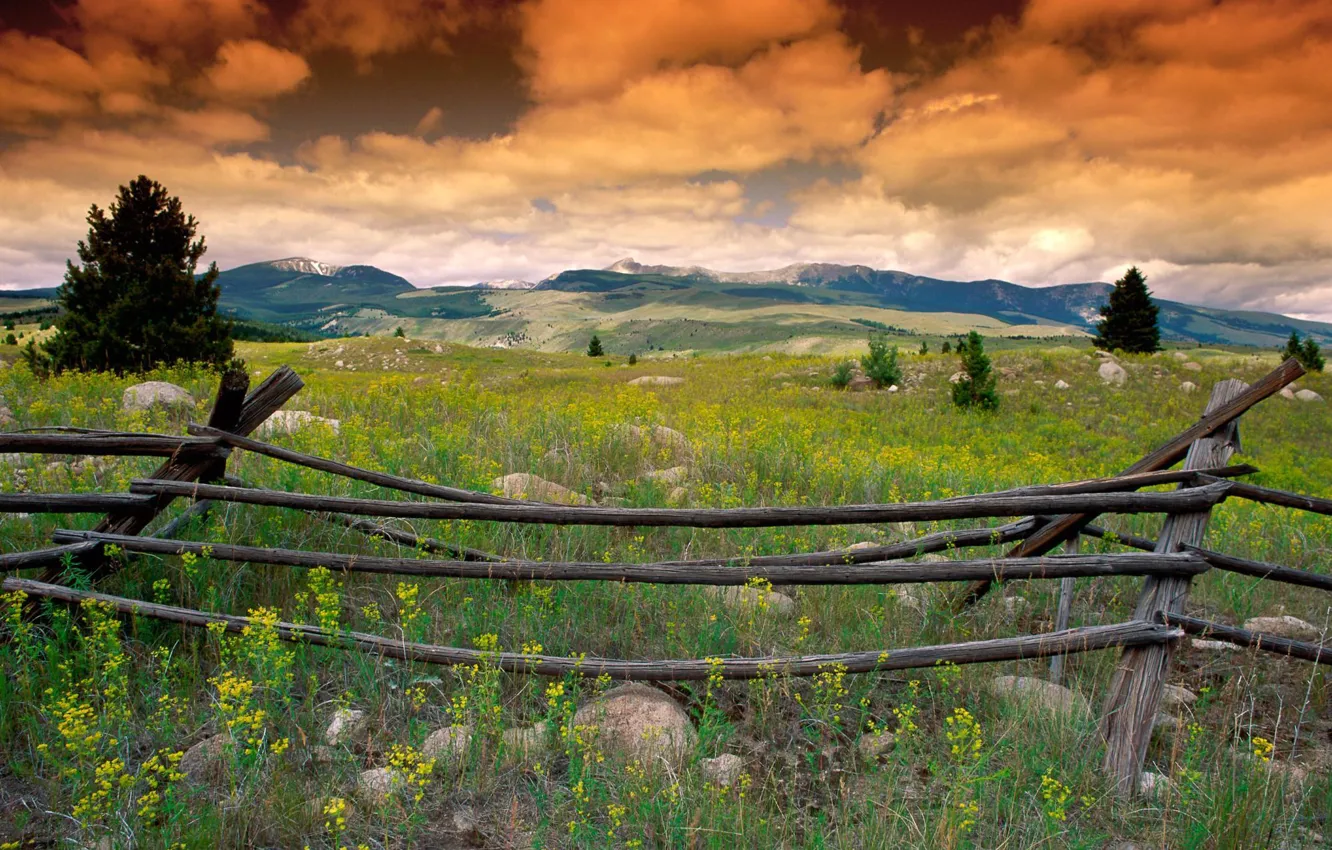 Photo wallpaper grass, clouds, hills, the fence