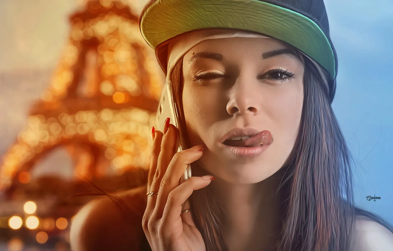 Photo wallpaper Paris, tongue, lips, phone, Eiffel tower, beauty, the conversation, the temptation