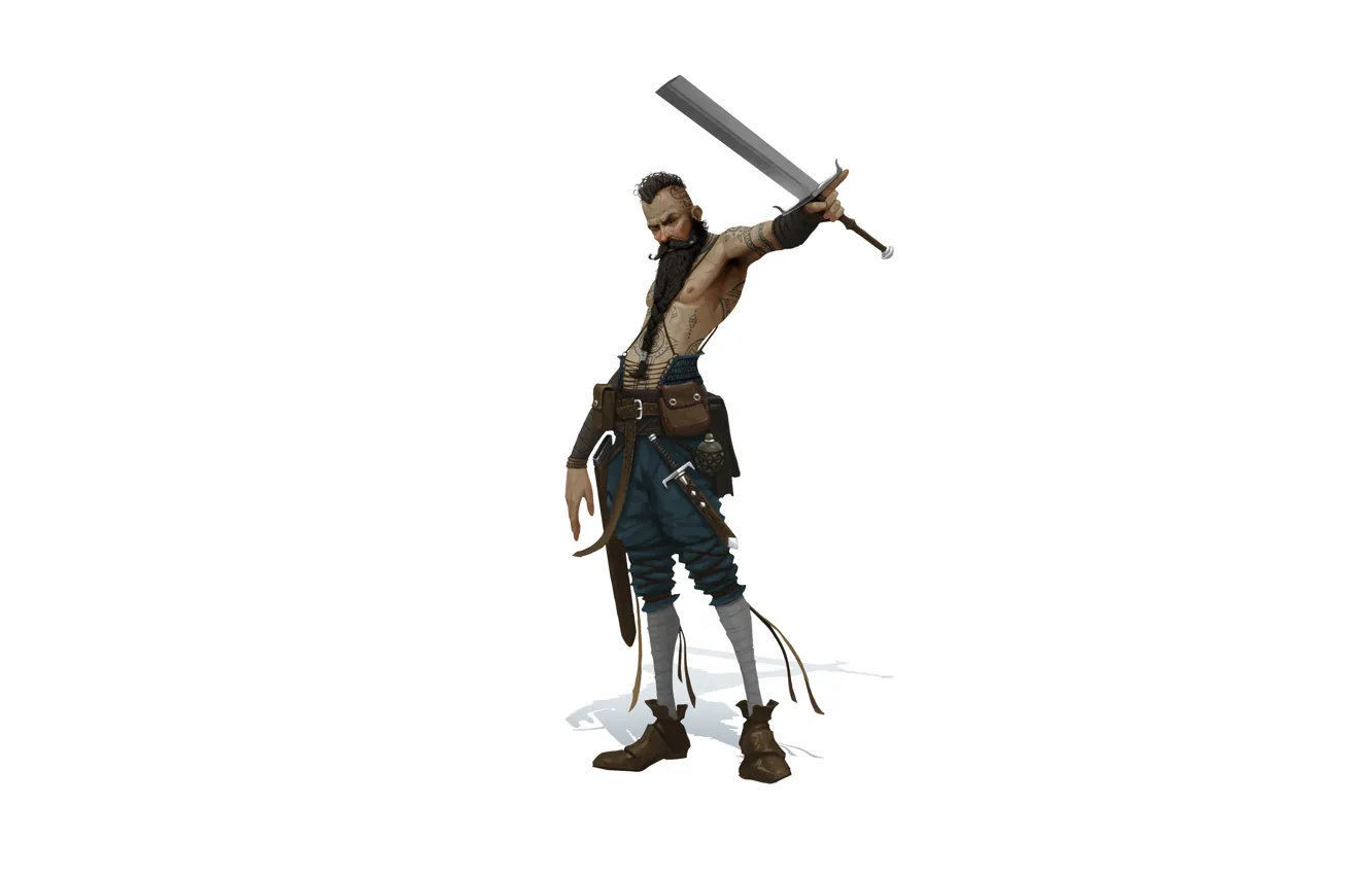 Photo wallpaper sword, tattoo, Illustration, Minimalism, beard, Character, Broken Sword, Mercenary Beard Man