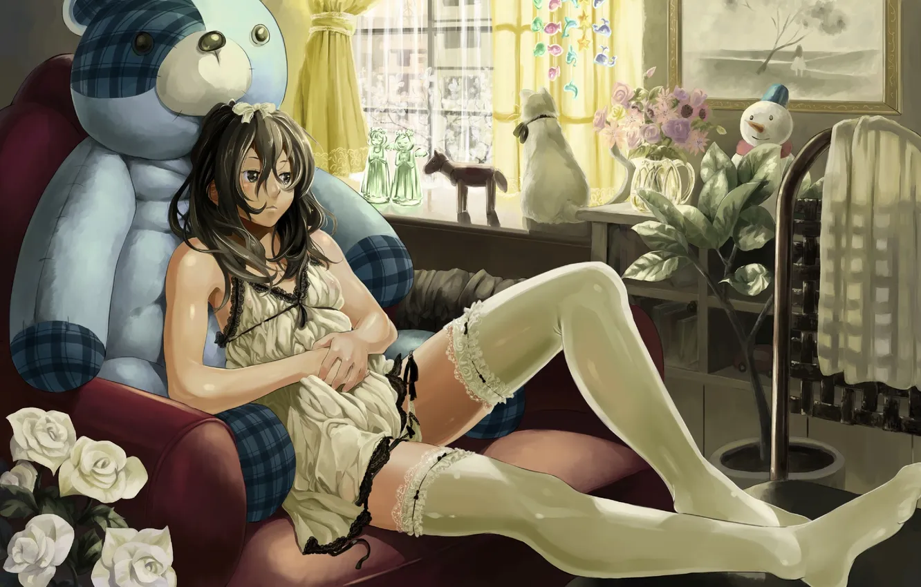 Photo wallpaper girl, room, chair, sitting, art, imaoka, Plush Toy