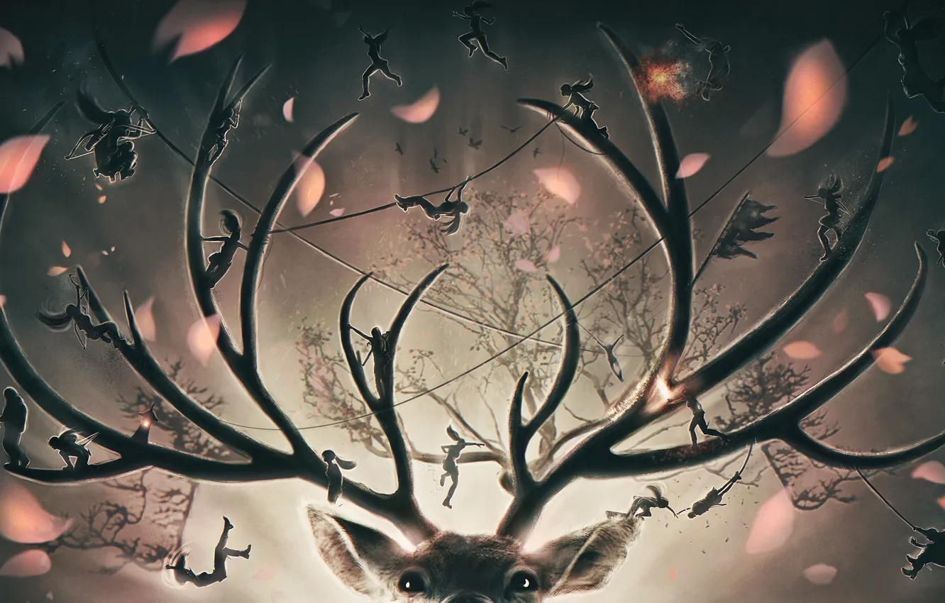 Photo wallpaper girl, trees, jump, deer, art, rope, horns, Lara Croft