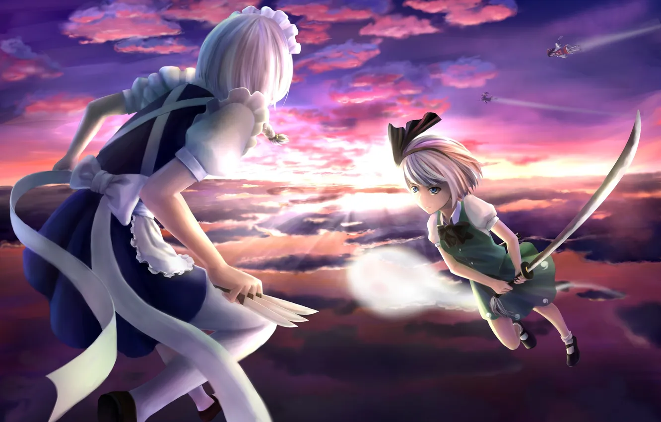 Photo wallpaper the sky, girl, clouds, sunset, weapons, katana, hat, art