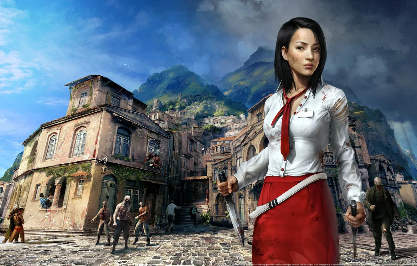 Photo wallpaper the sky, girl, mountains, the city, street, blood, island, home
