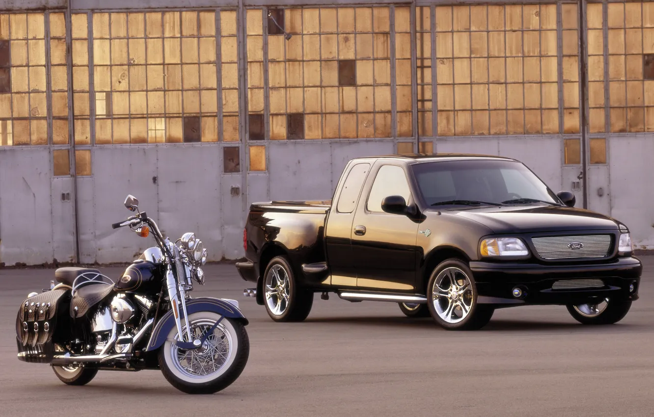 Photo wallpaper black, Ford, motorcycle, Ford, pickup, Harley-Davidson, F-150, Cruiser
