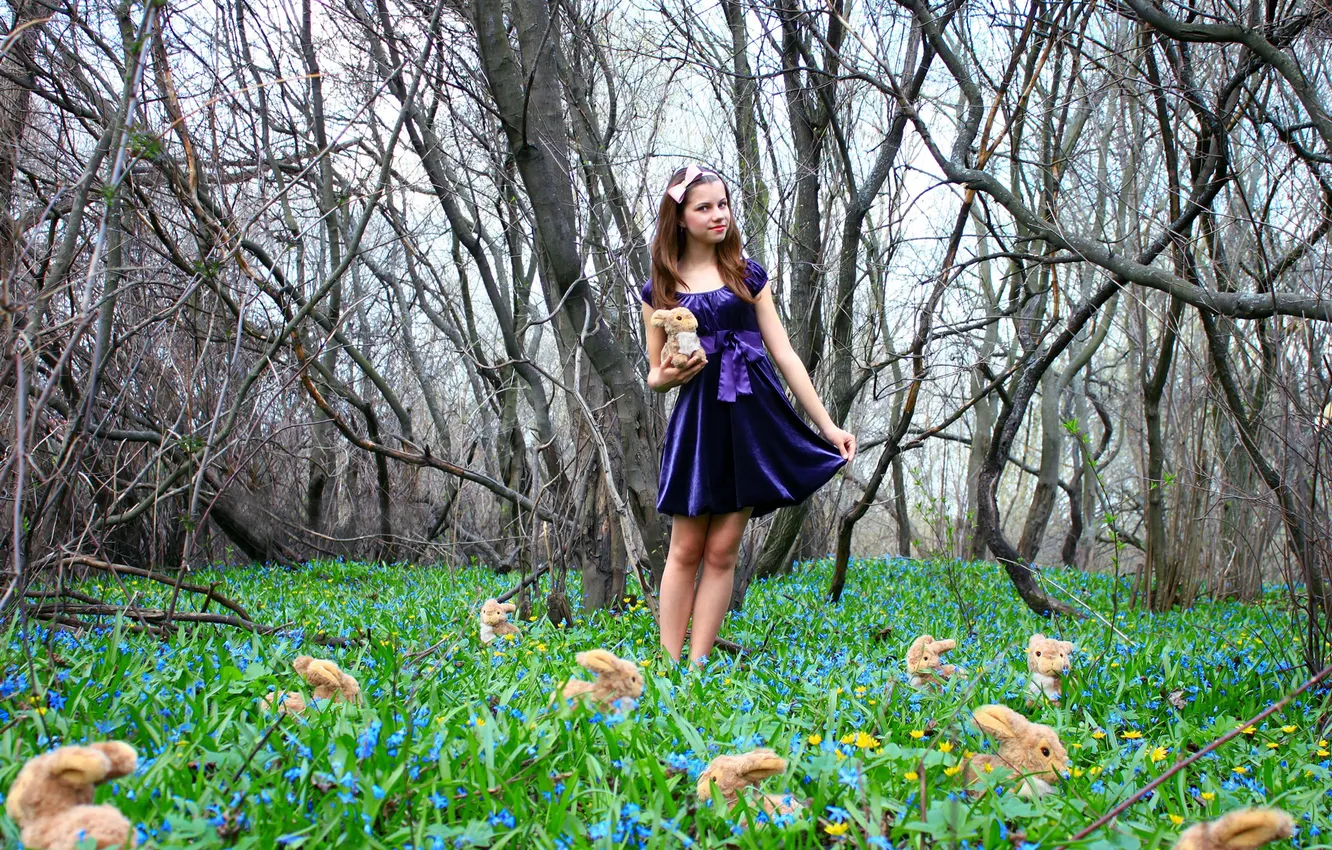Photo wallpaper forest, grass, trees, flowers, toy, hare, dress, girl