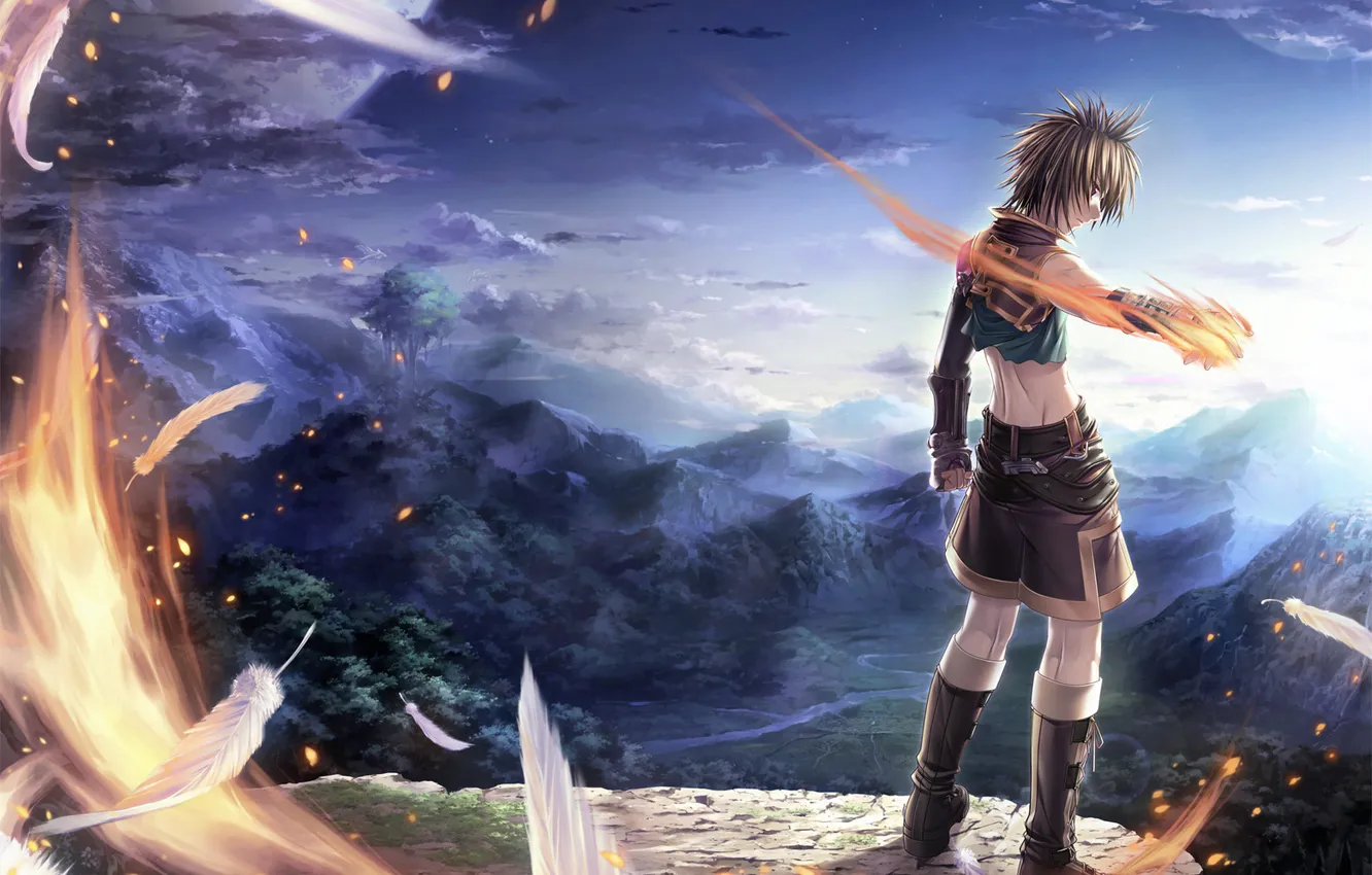 Photo wallpaper mountains, lights, feathers