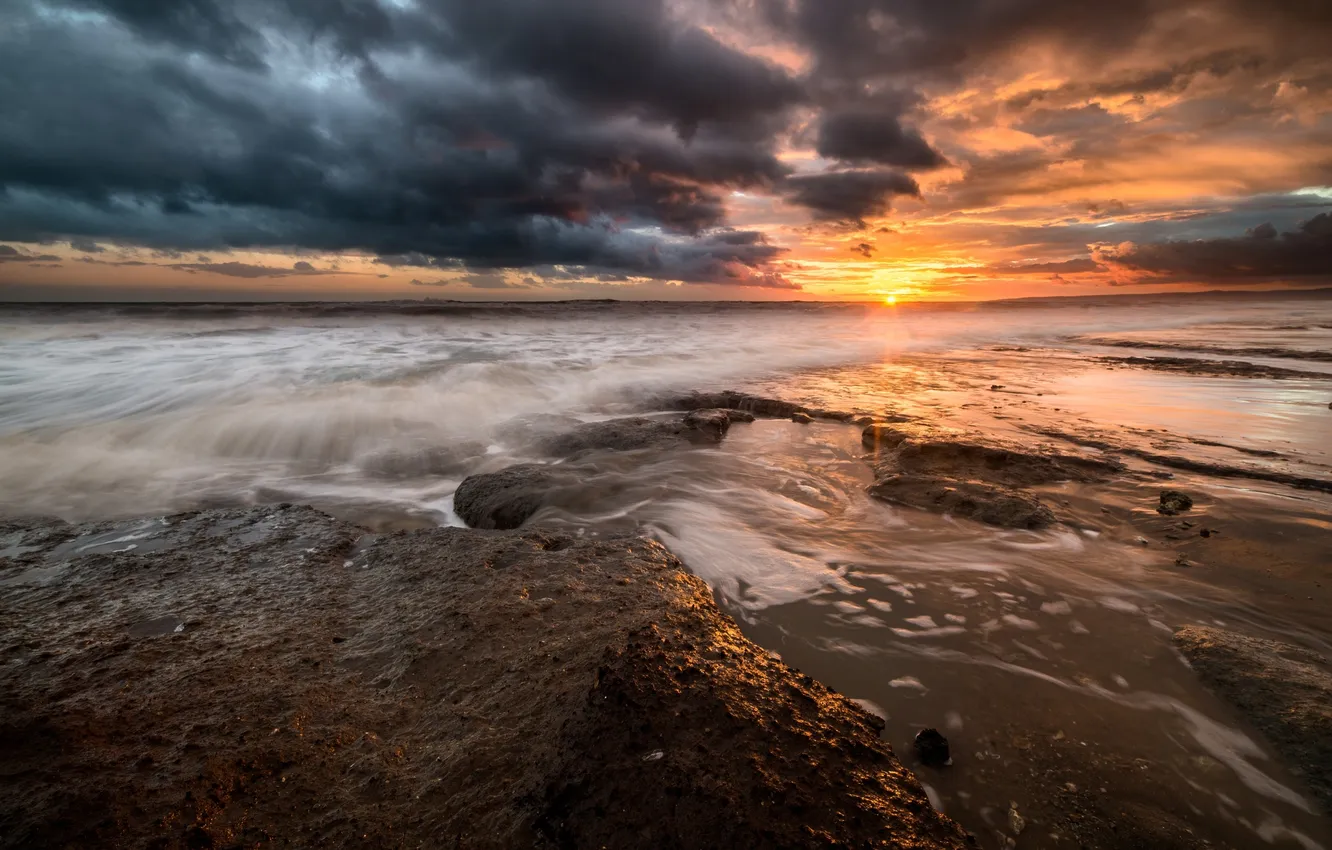 Photo wallpaper sea, the sky, sunset, clouds, rocks