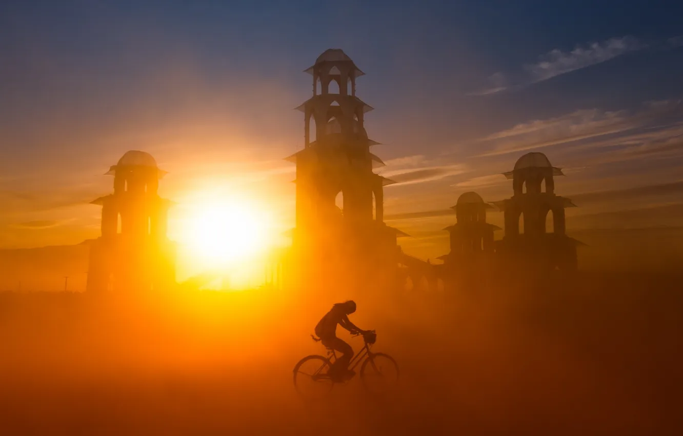 Photo wallpaper light, sunset, bike