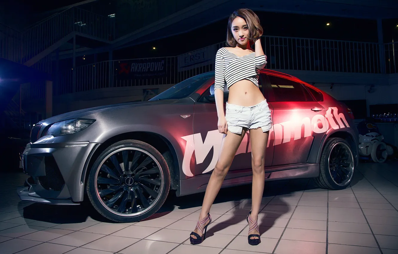 Photo wallpaper auto, look, Girls, BMW, Asian, beautiful girl, is above the machine