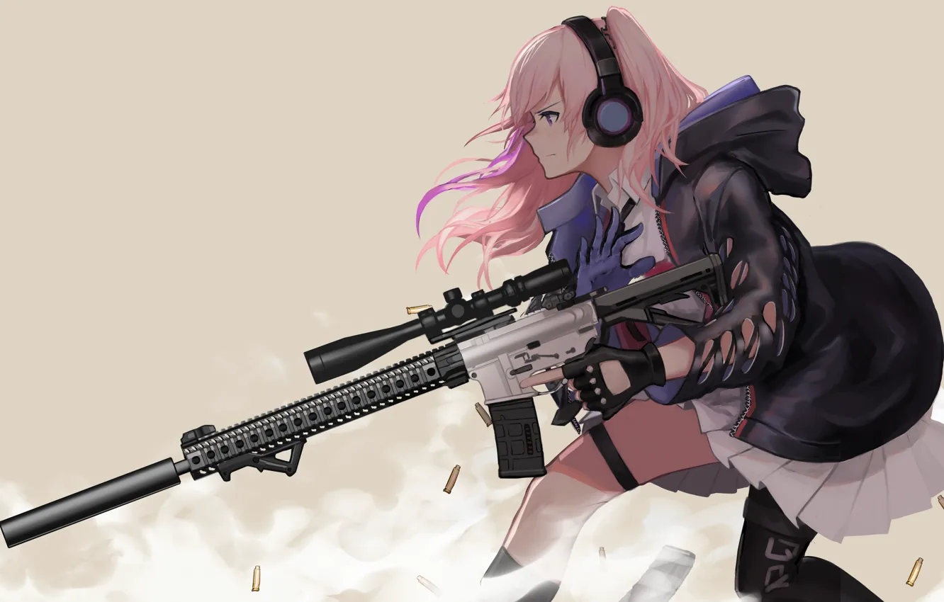 Photo wallpaper gun, game, pink hair, weapon, anime, pretty, sniper, asian