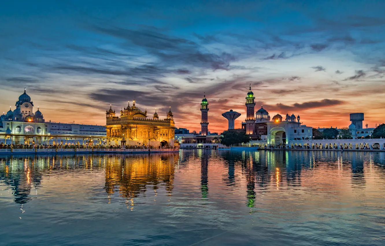 Photo wallpaper lights, river, sunset, India, Amritsar, Golden Temple