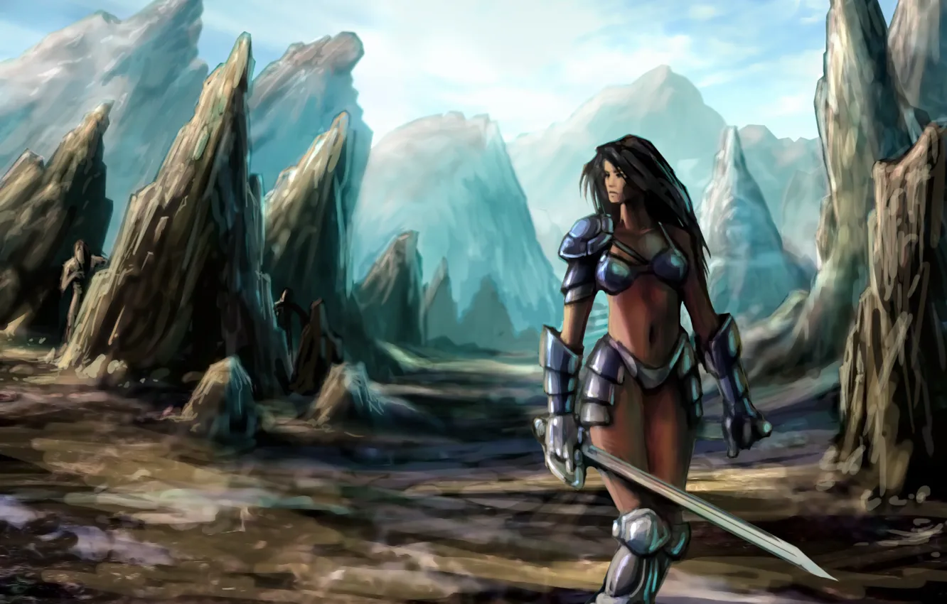 Photo wallpaper girl, mountains, rocks, sword, armor