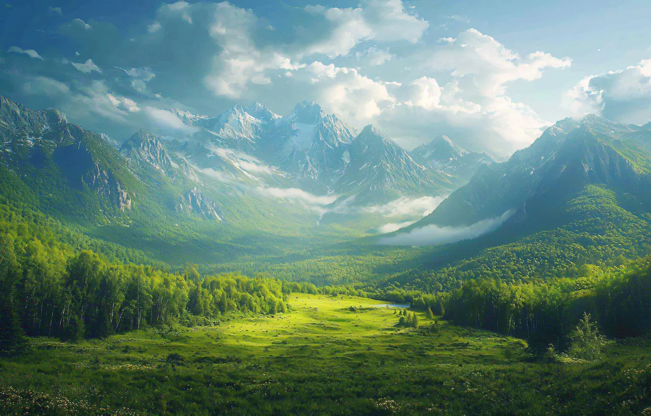 Photo wallpaper greens, field, forest, summer, clouds, landscape, mountains, nature