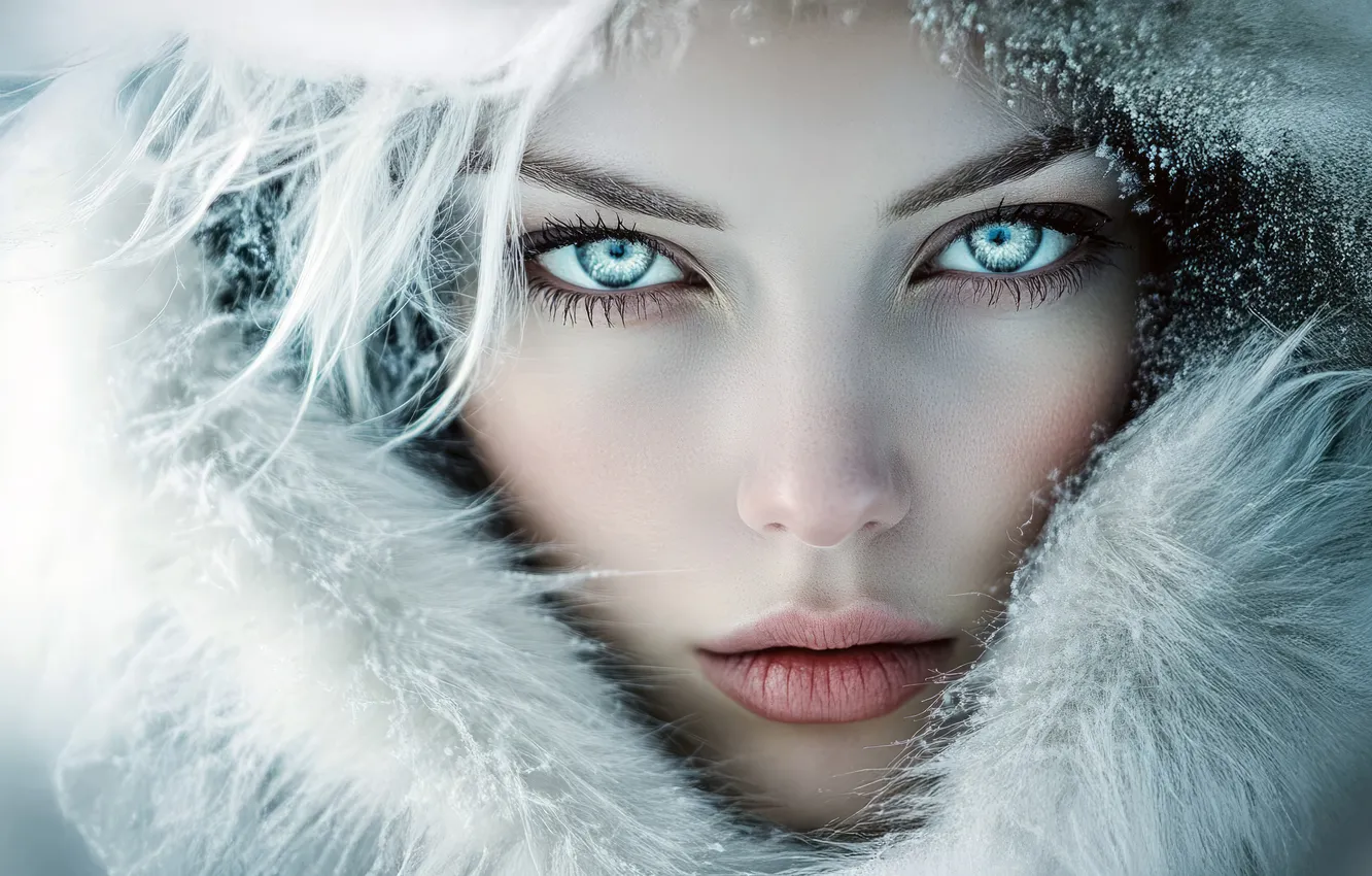 Photo wallpaper winter, frost, look, girl, snow, face, eyelashes, winter