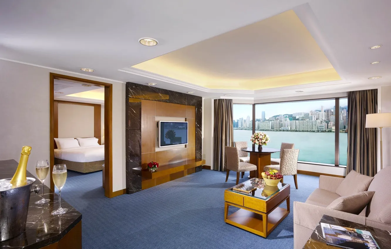 Photo wallpaper leaves, flowers, design, style, table, room, sofa, apples