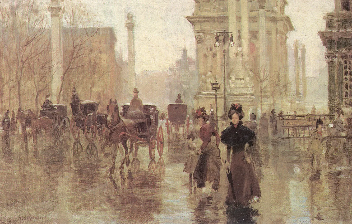 Photo wallpaper autumn, rain, street, people, building, home, picture, art