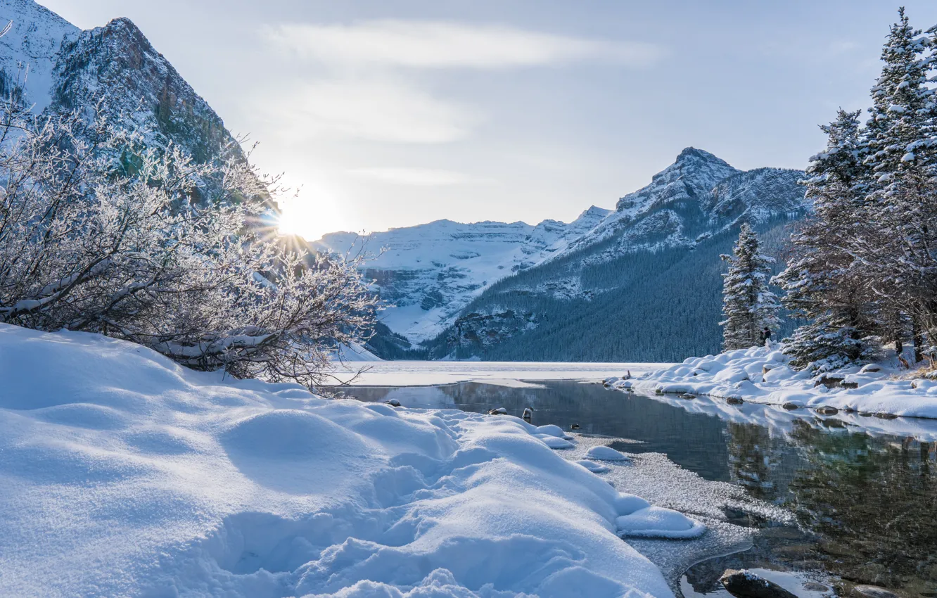Photo wallpaper winter, snow, trees, mountains, lake, Canada, the snow, Albert