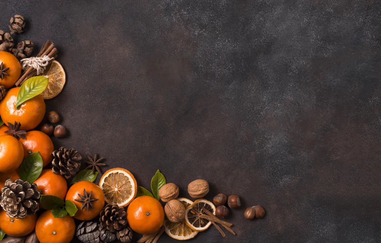 Photo wallpaper leaves, the dark background, citrus, nuts, cinnamon, bumps, slices, hazelnuts