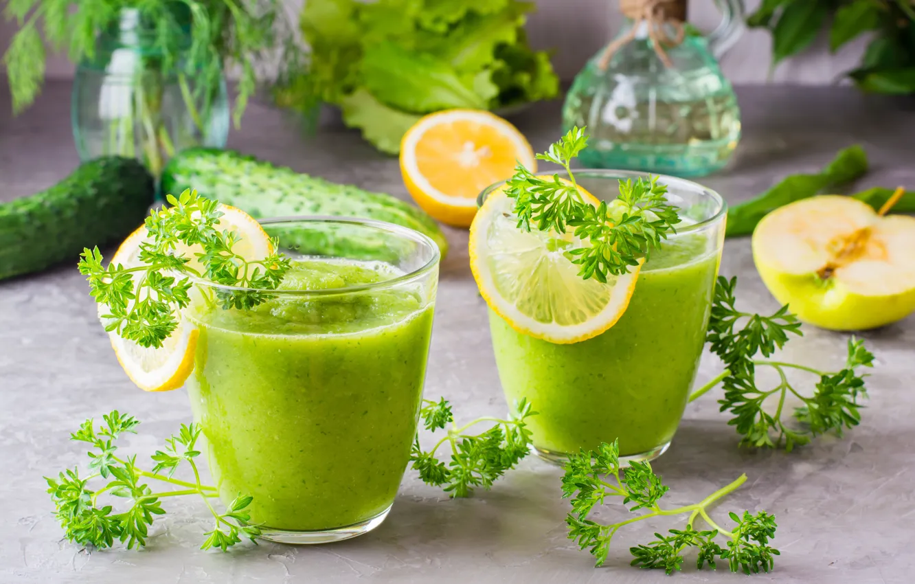 Photo wallpaper lemon, apples, drink, parsley, cucumbers, smoothies