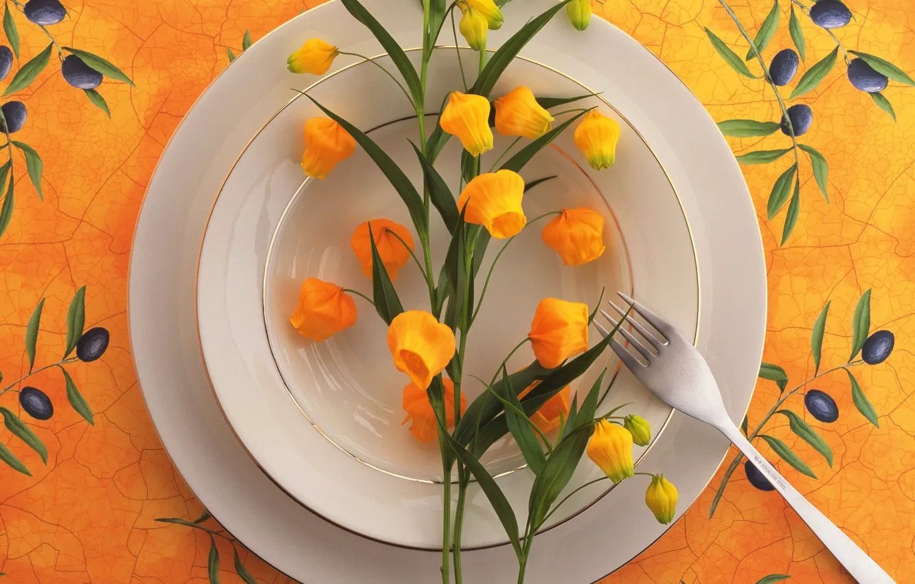 Photo wallpaper flowers, plate, plug, still life