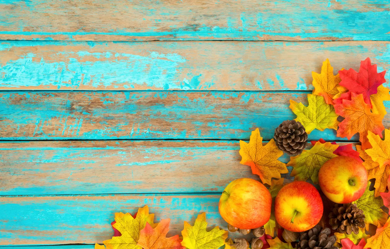 Photo wallpaper autumn, leaves, background, apples, colorful, bumps, wood, background
