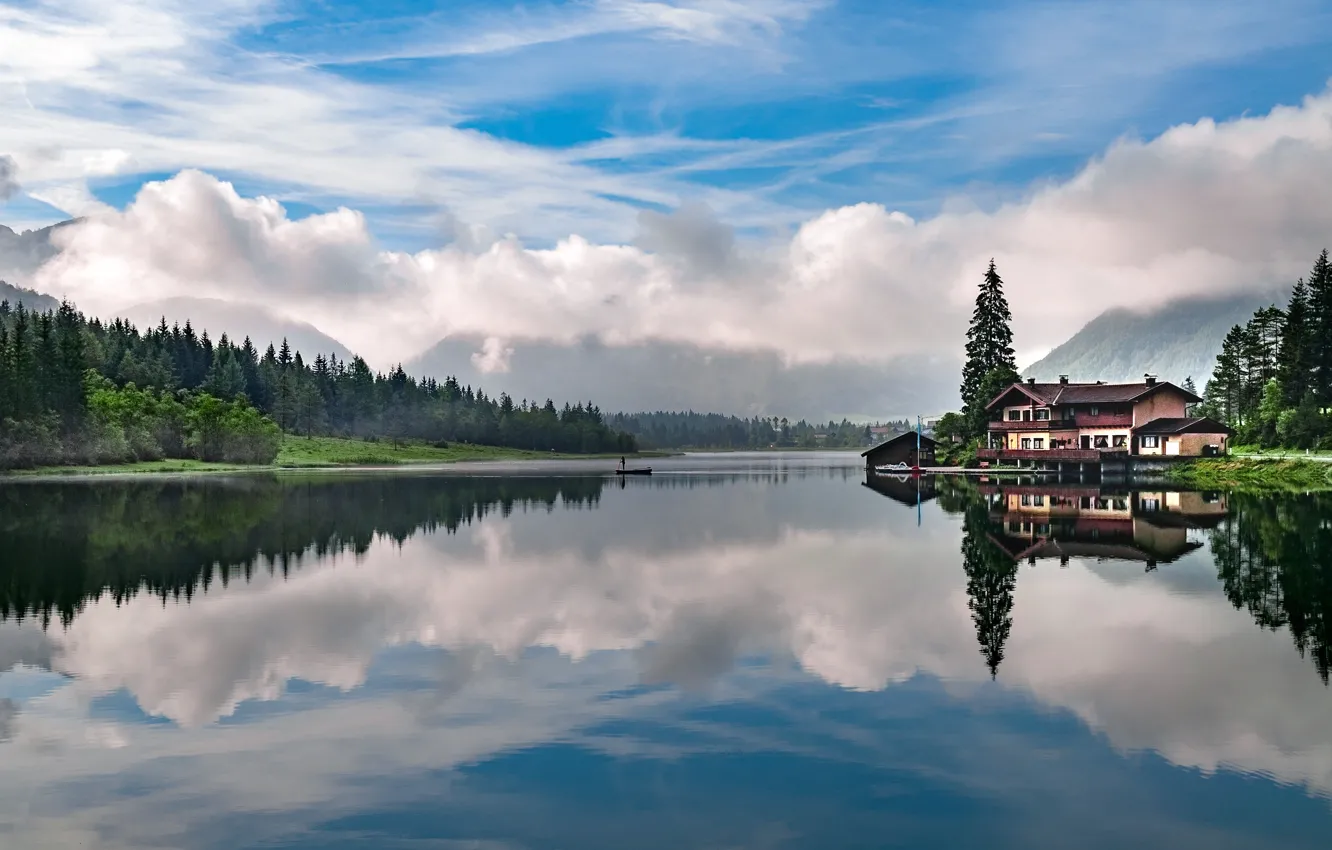 Photo wallpaper forest, the sky, clouds, lake, reflection, relax, calm, house