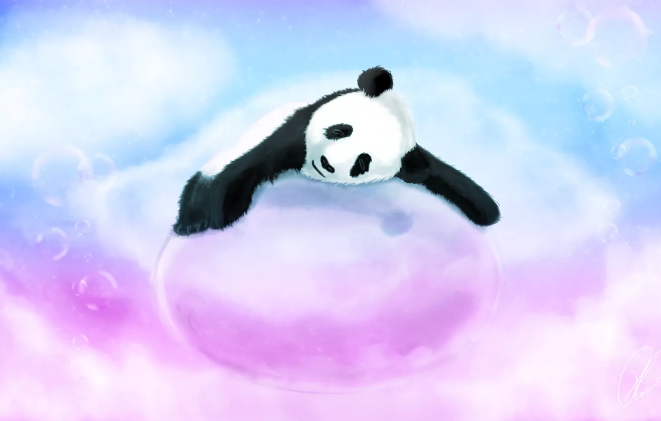 Photo wallpaper bubbles, bubbles, blue, bear, Panda, sleeping, pink, lying