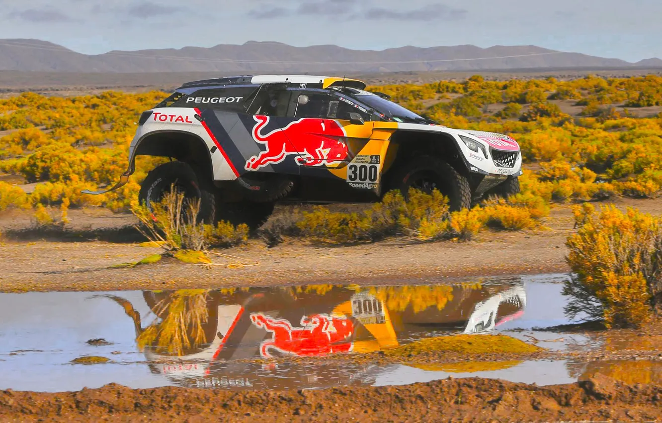 Photo wallpaper Reflection, Sport, Speed, Race, Puddle, Peugeot, Lights, Red Bull