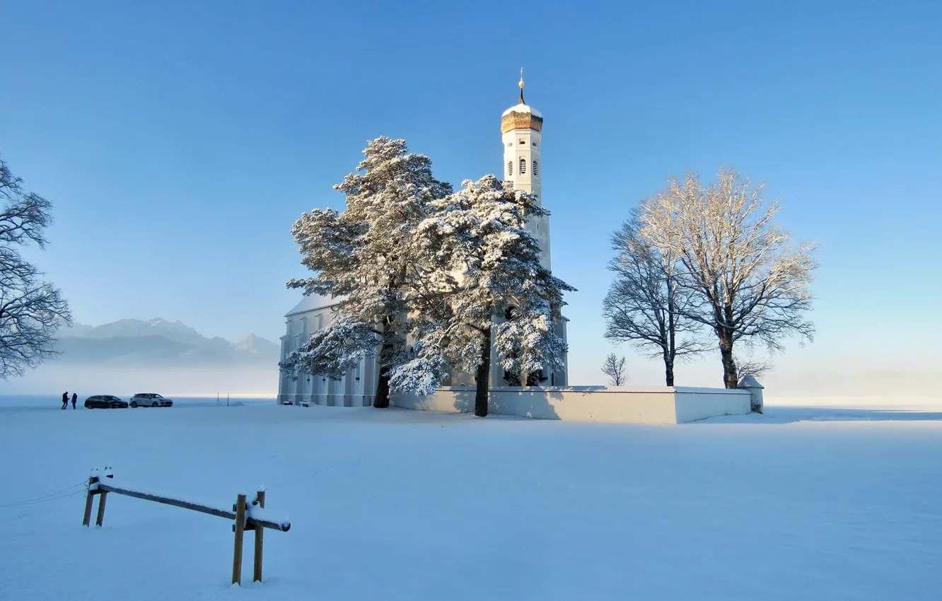 Photo wallpaper winter, snow, trees, Germany, Bayern, Church, Germany, Bavaria